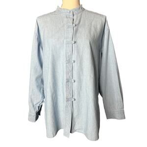 J Jill Women's Denim Blouse with Cloth Buttons on Front and Cuffs Size LP